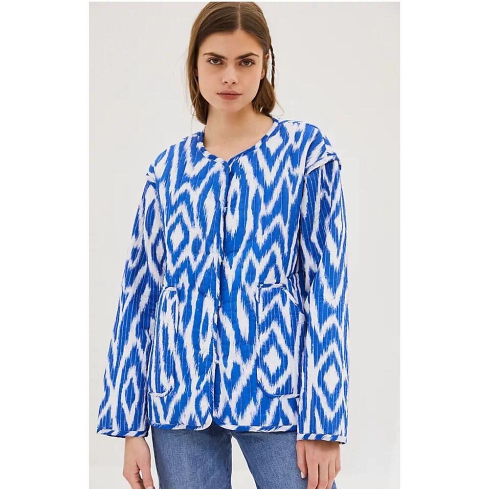 Anthropologie Quilted Jacket Nora Blue White Womens size Oversized SMALL